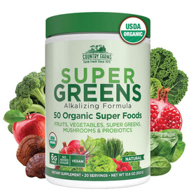 Country Farms Super Greens bottle showing natural flavor for easy daily nourishment.