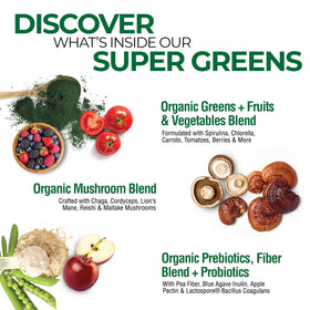 Country Farms Super Greens powder scoop ready to mix into smoothies or water for convenience.