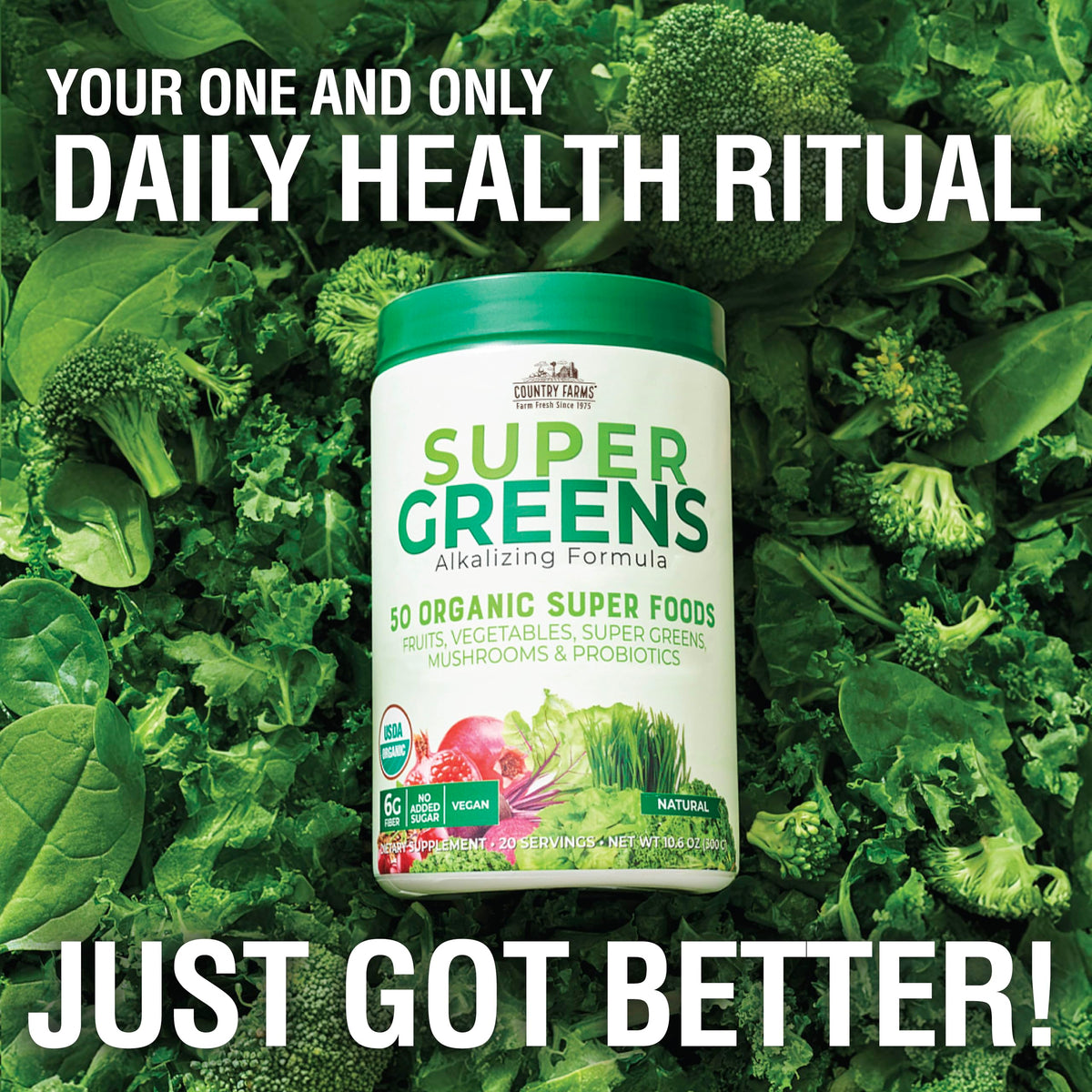 Country Farms Super Greens probiotic blend tub highlighting digestive balance support.