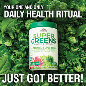 Country Farms Super Greens probiotic blend tub highlighting digestive balance support.
