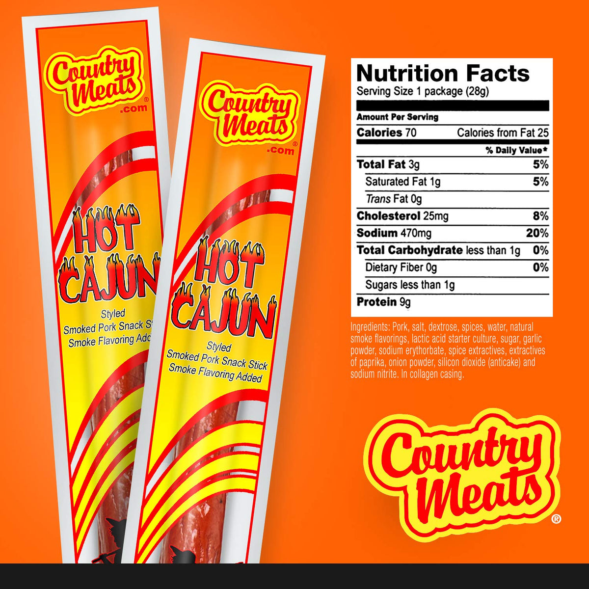 Country Meats Hot Cajun packaged sticks, ready-to-eat protein for lunches.