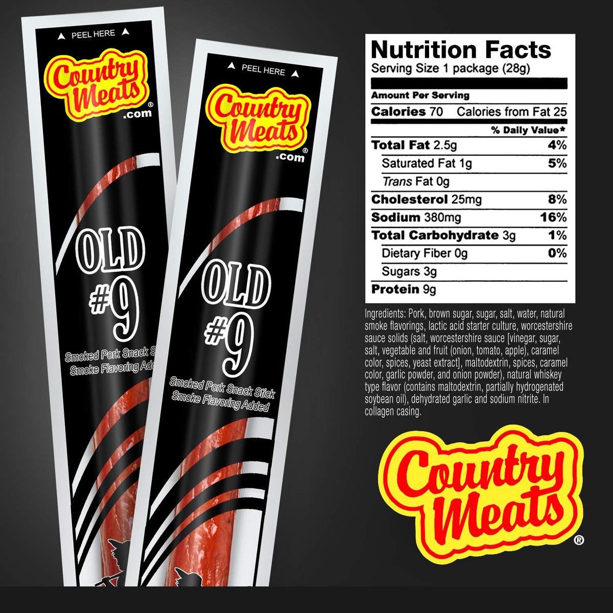Country Meats meat sticks closeup highlights lean meat texture for a protein snack.