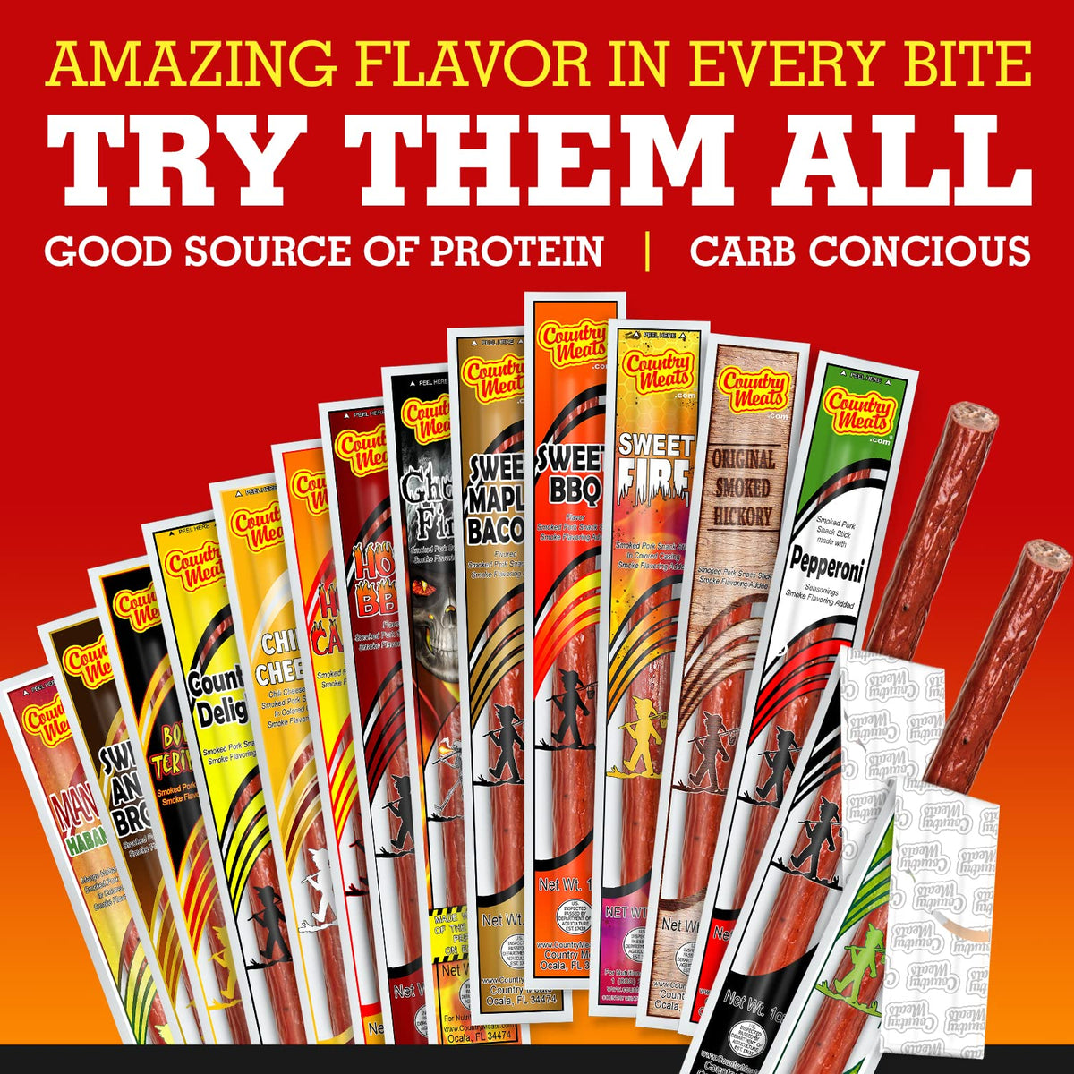 Hands holding Country Meats sticks show portable protein for lunches.