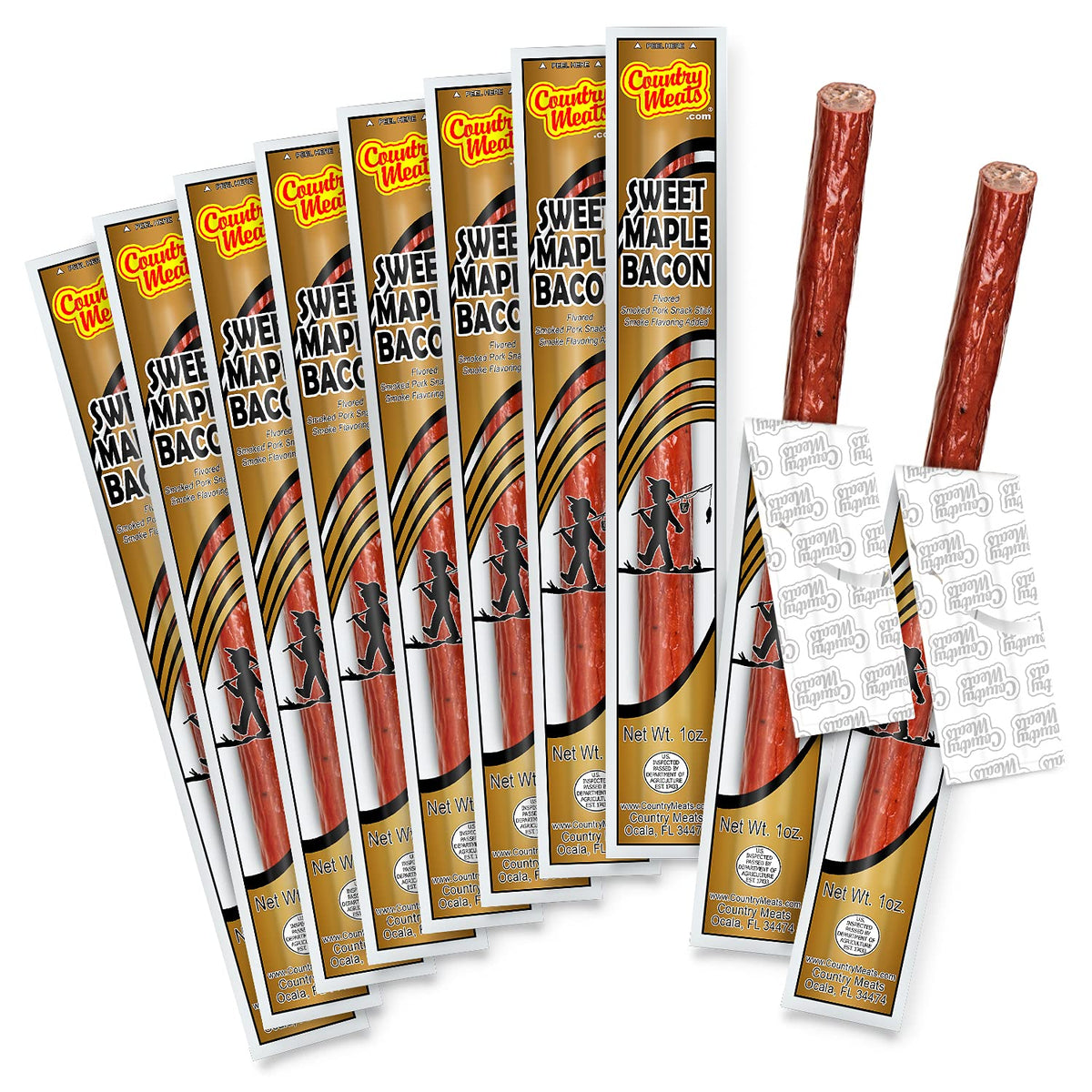 Country Meats meat sticks Sweet Maple Bacon on display, convenient protein snack.