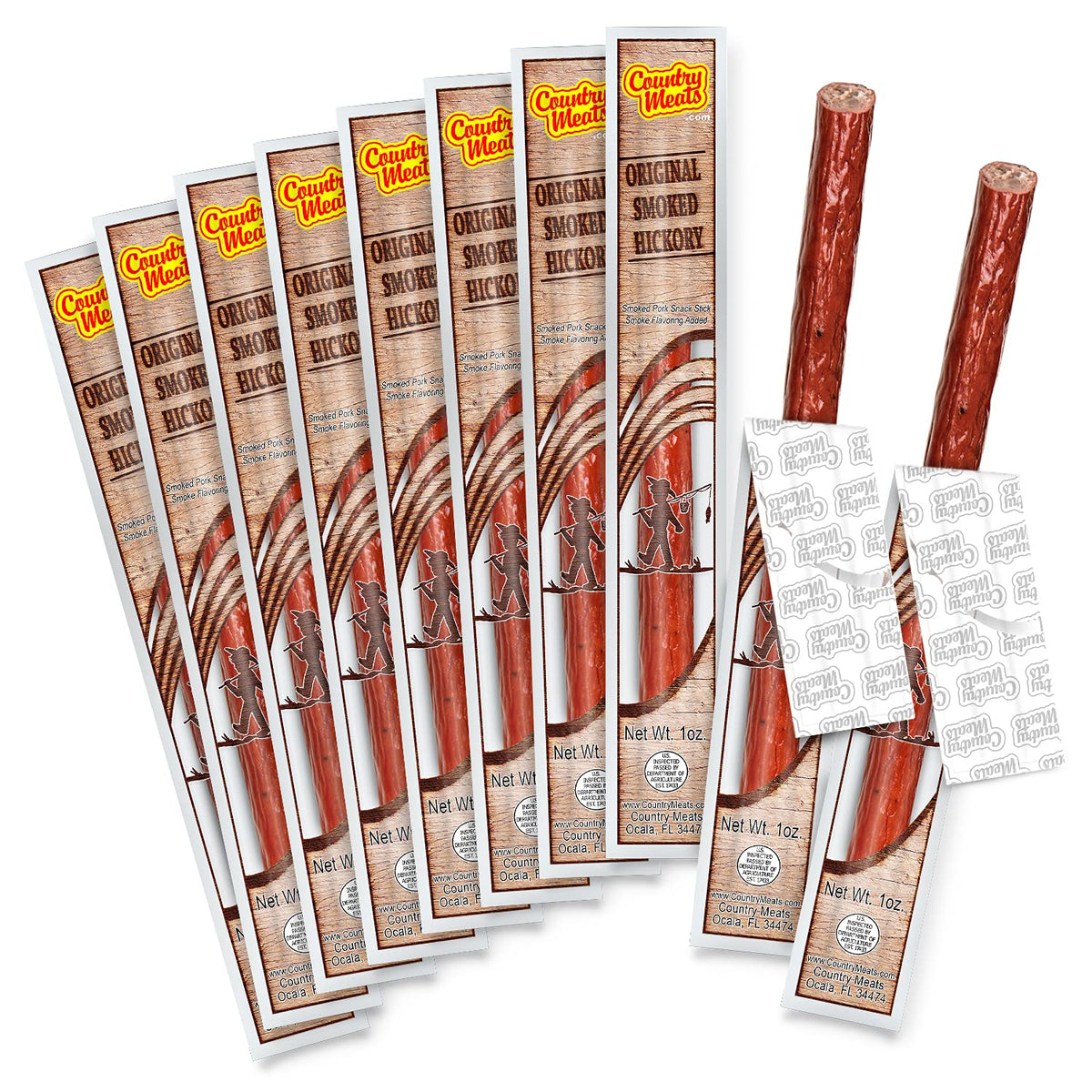 Country Meats original smoked hickory stick front view, protein-rich snack.