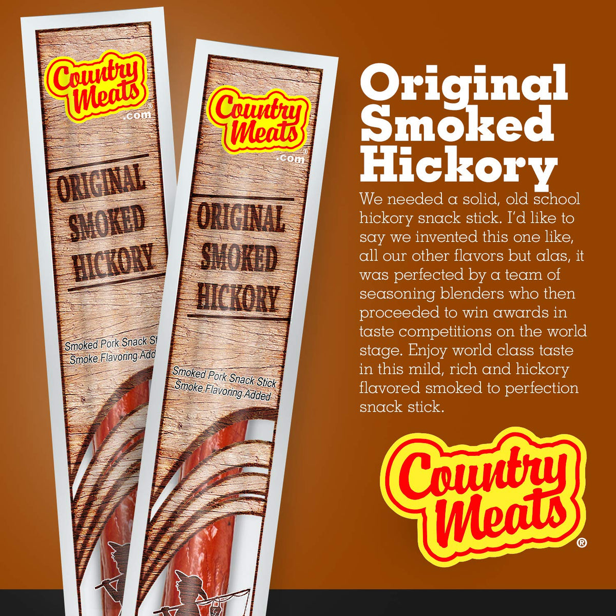 Country Meats original smoked hickory stick close-up shows lean meat texture.
