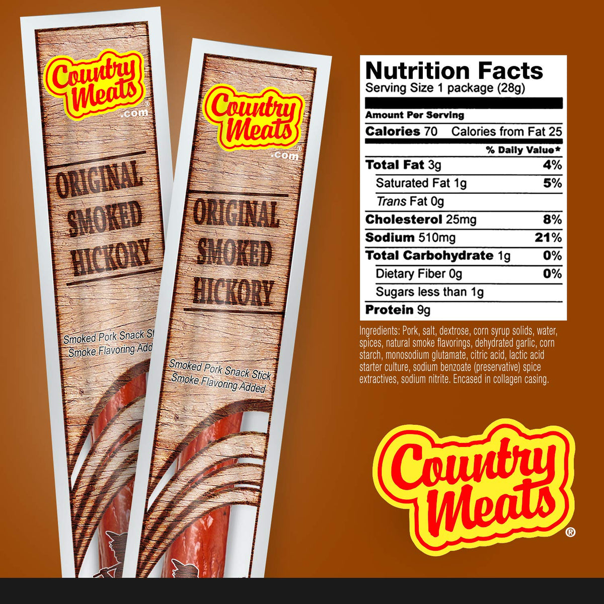 Country Meats original smoked hickory stick pack shot, convenient 10-stick snack.
