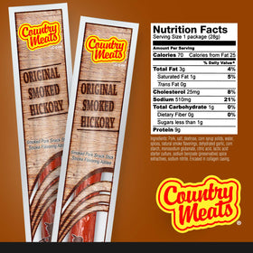 Country Meats original smoked hickory stick pack shot, convenient 10-stick snack.
