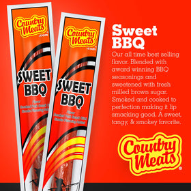 Country Meats Sweet BBQ close-up highlights lean meat quality and savory aroma.