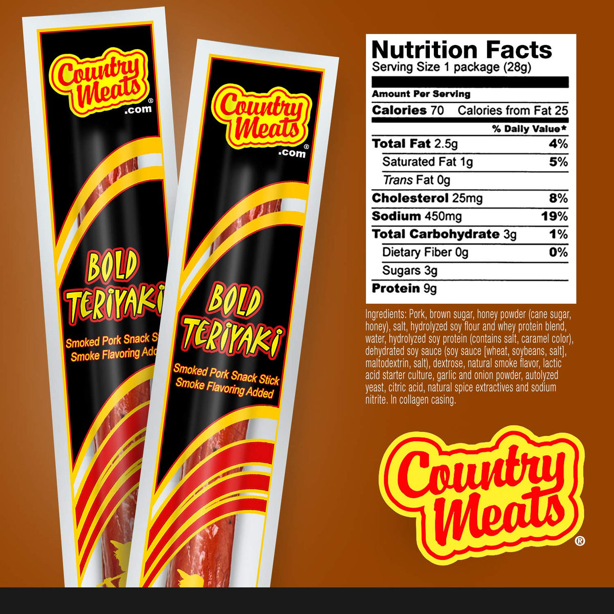 Country Meats teriyaki meat sticks closeup highlighting savory flavor and protein