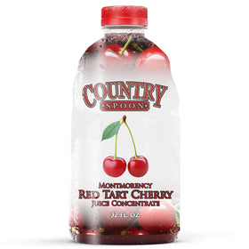 Country Spoon Montmorency cherry concentrate bottle on kitchen counter for easy smoothie addition