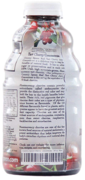 Country Spoon Montmorency cherry concentrate no-added-sugar label close-up.