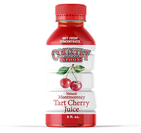 Country Spoon tart cherry juice bottle showing 100% ingredients and bold cherry flavor.