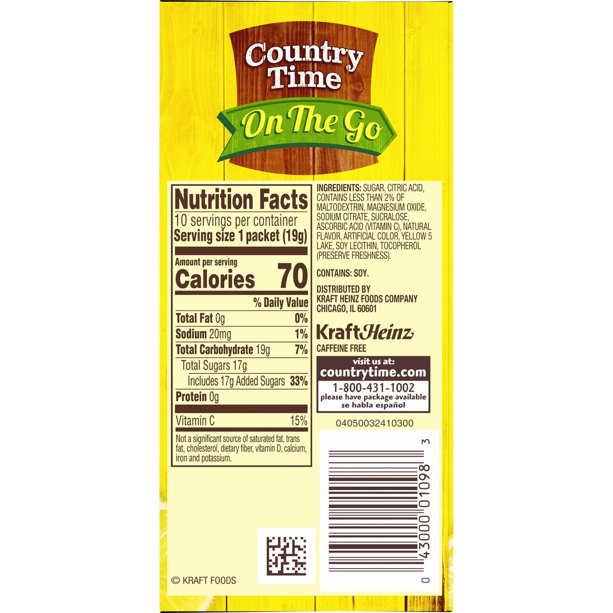 Country Time Lemonade label highlights kosher and caffeine-free options.