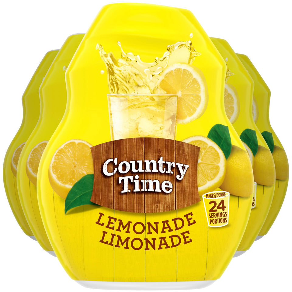 Country Time Lemonade packaging supports quick, family-friendly beverage prep.