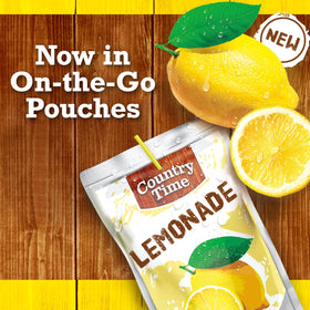 Country Time lemonade pouches closeup showing grab-and-go packaging