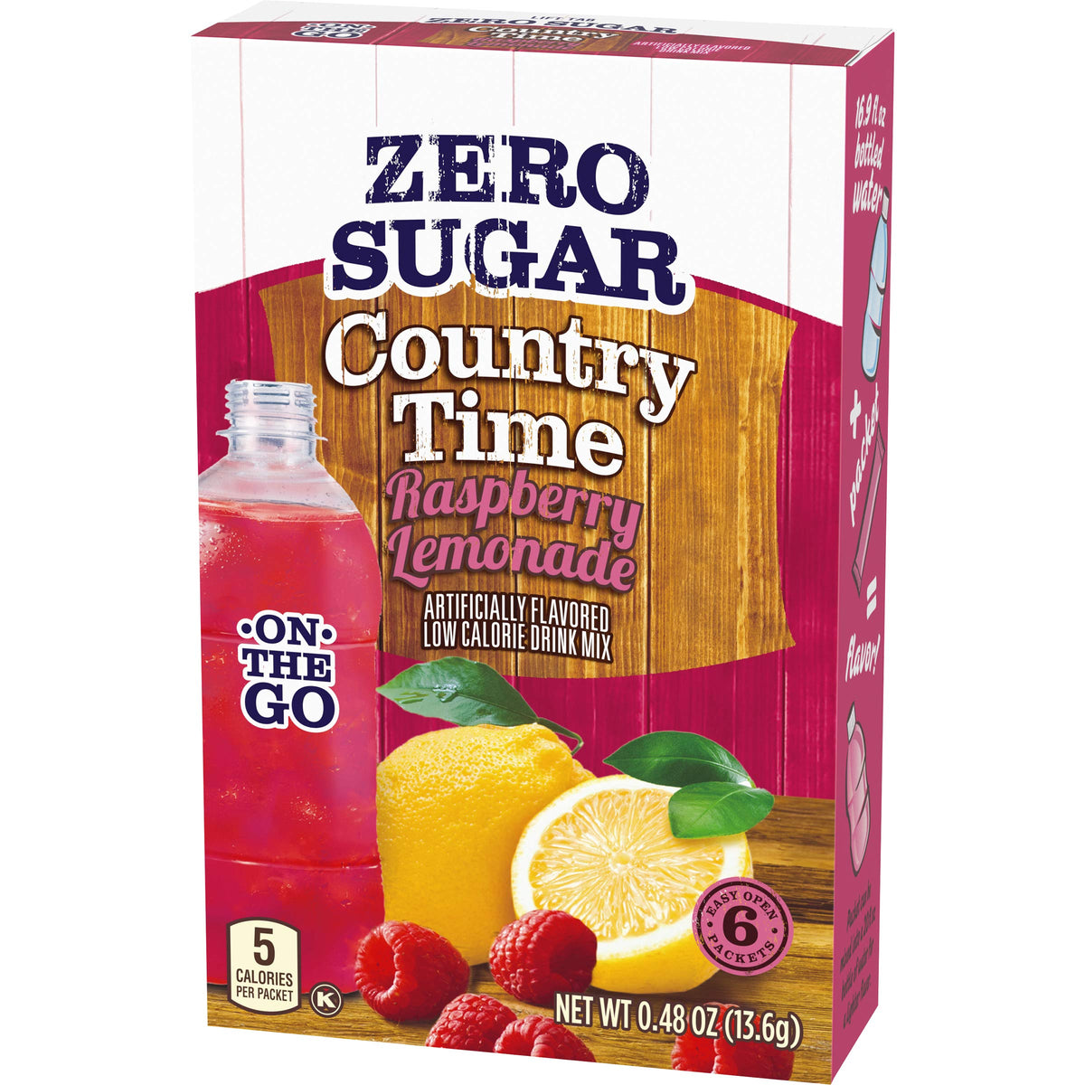 Country Time On-The-Go Zero Sugar Raspberry Lemonade boxes stacked for storage
