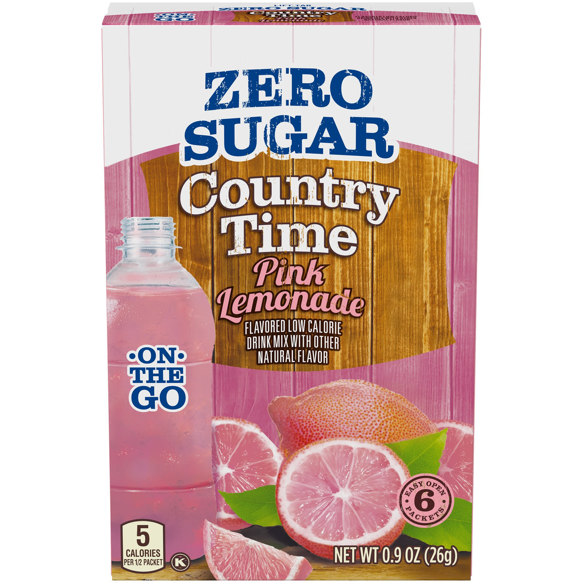Country Time pink lemonade on-the-go packet delivers crisp flavor for quick hydration on the run.