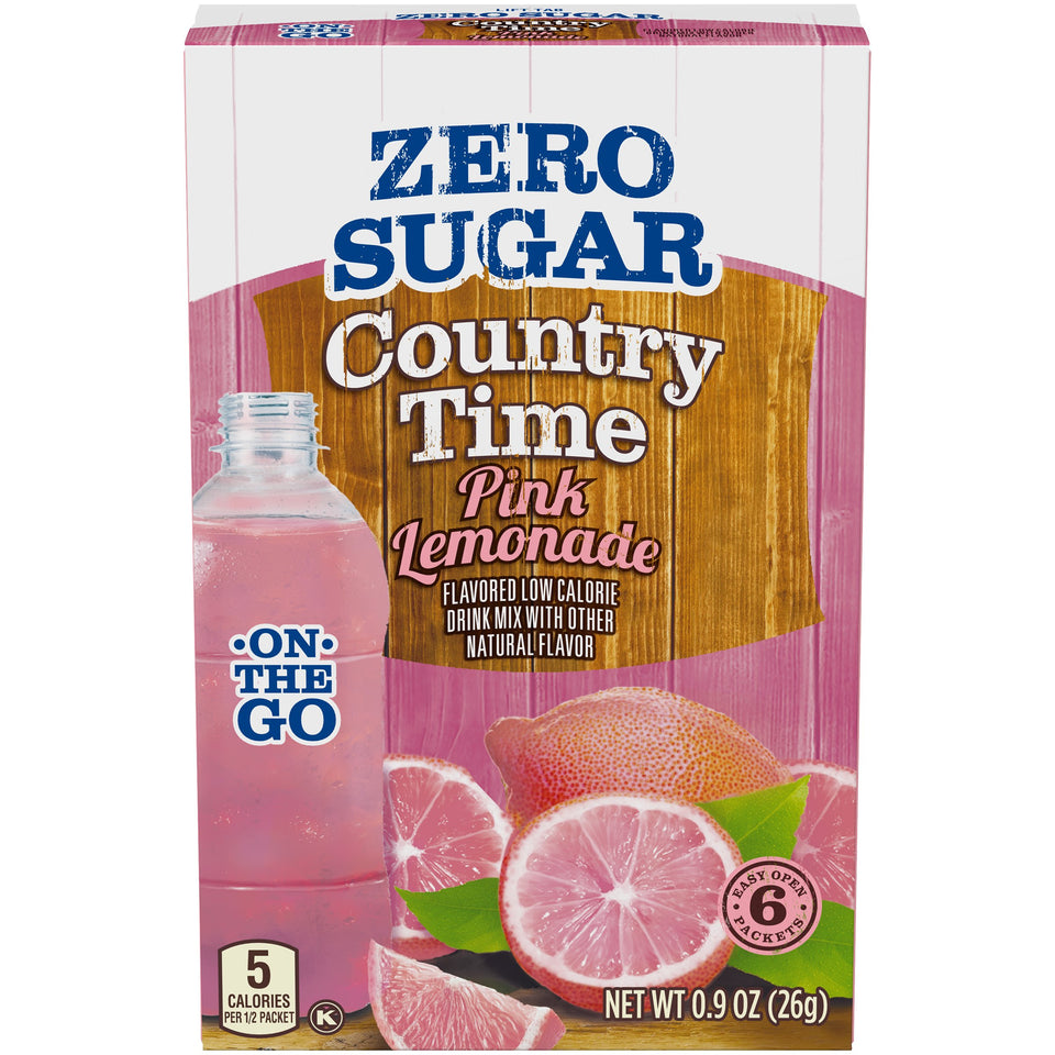 Country Time pink lemonade on-the-go packet delivers crisp flavor for quick hydration on the run.