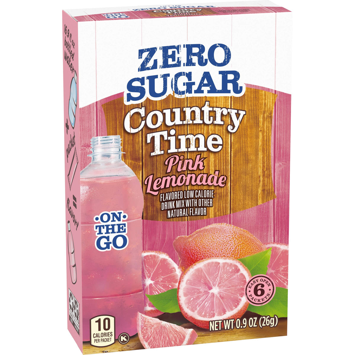 Country Time zero sugar pink lemonade on-the-go packet offers a low-calorie refreshing option.