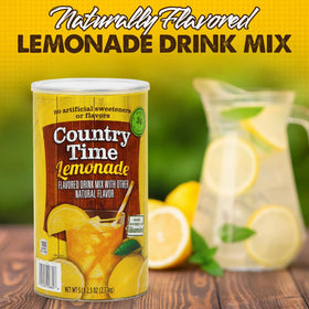 Country Time lemonade powder buckets stacked convey bulk savings for pantry stocking.