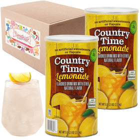 Country Time lemonade canister front highlights brand and quick-ready refreshment for gatherings.