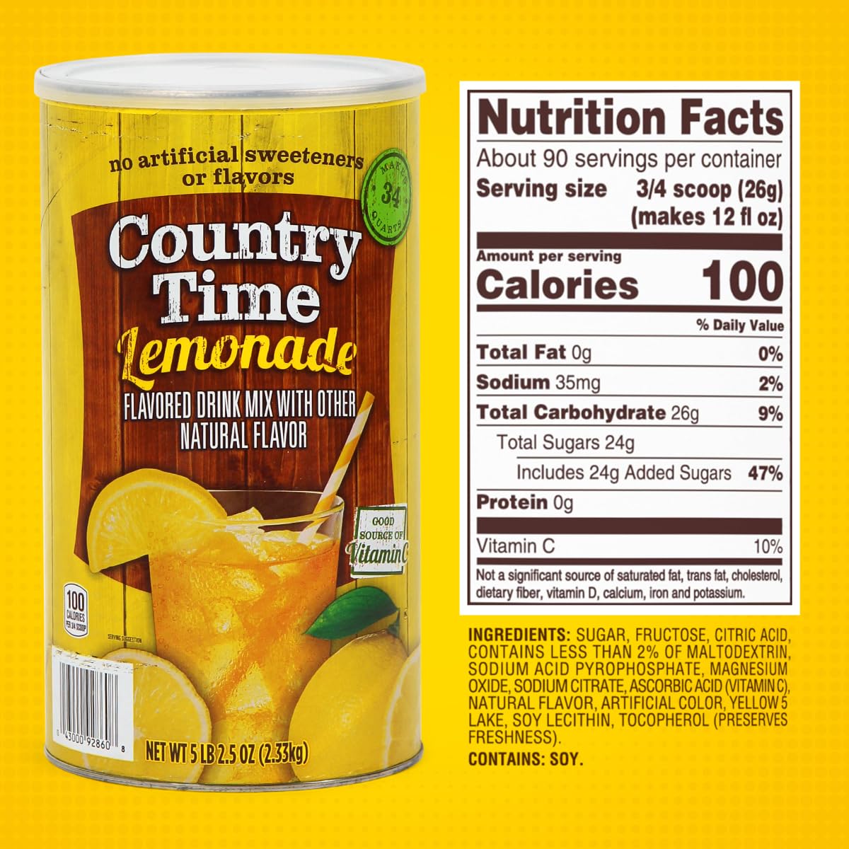 Country Time lemonade powder label detail highlights bulk savings and storage ease.
