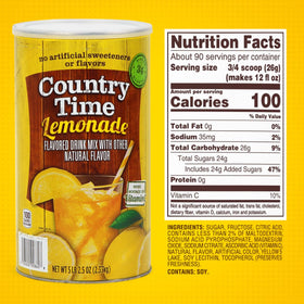 Country Time lemonade powder label detail highlights bulk savings and storage ease.