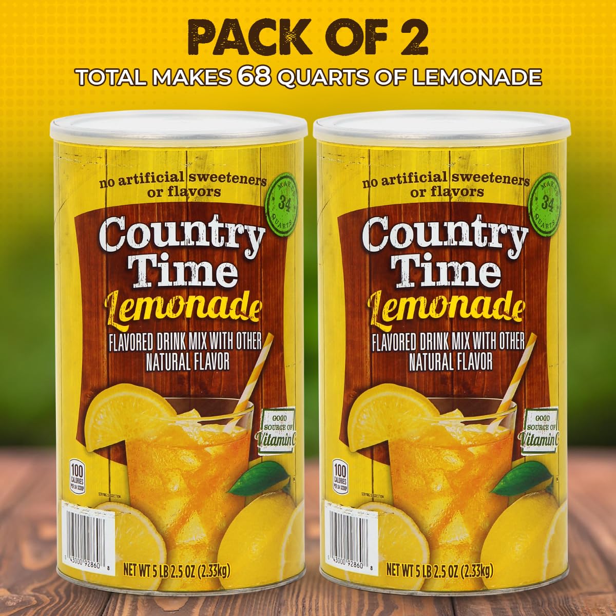 Country Time lemonade powder poured into glass pitcher signals easy, fast lemonade.