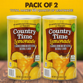 Country Time lemonade powder poured into glass pitcher signals easy, fast lemonade.