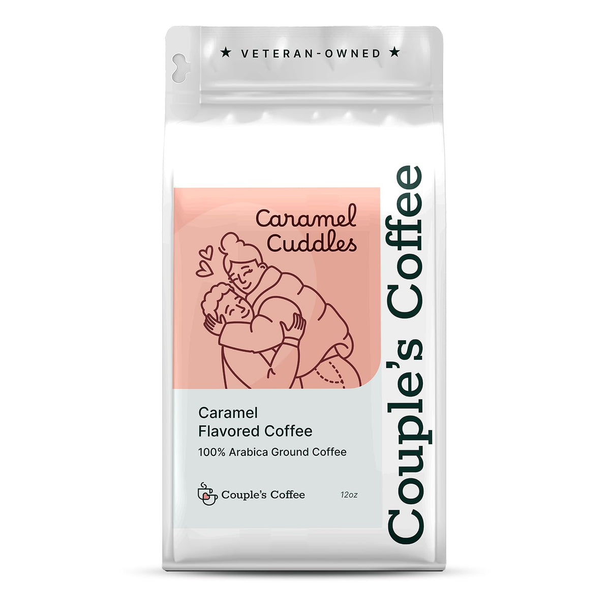 Couple's Coffee Caramel Cuddles bag front with Arabica beans for premium quality