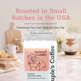 Cup of Couple's Coffee Caramel Cuddles with creamy caramel notes