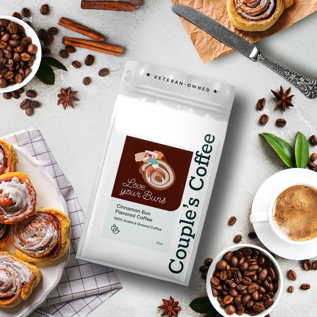 Couple's Coffee Co 12oz bag close-up showing premium Arabica grounds.