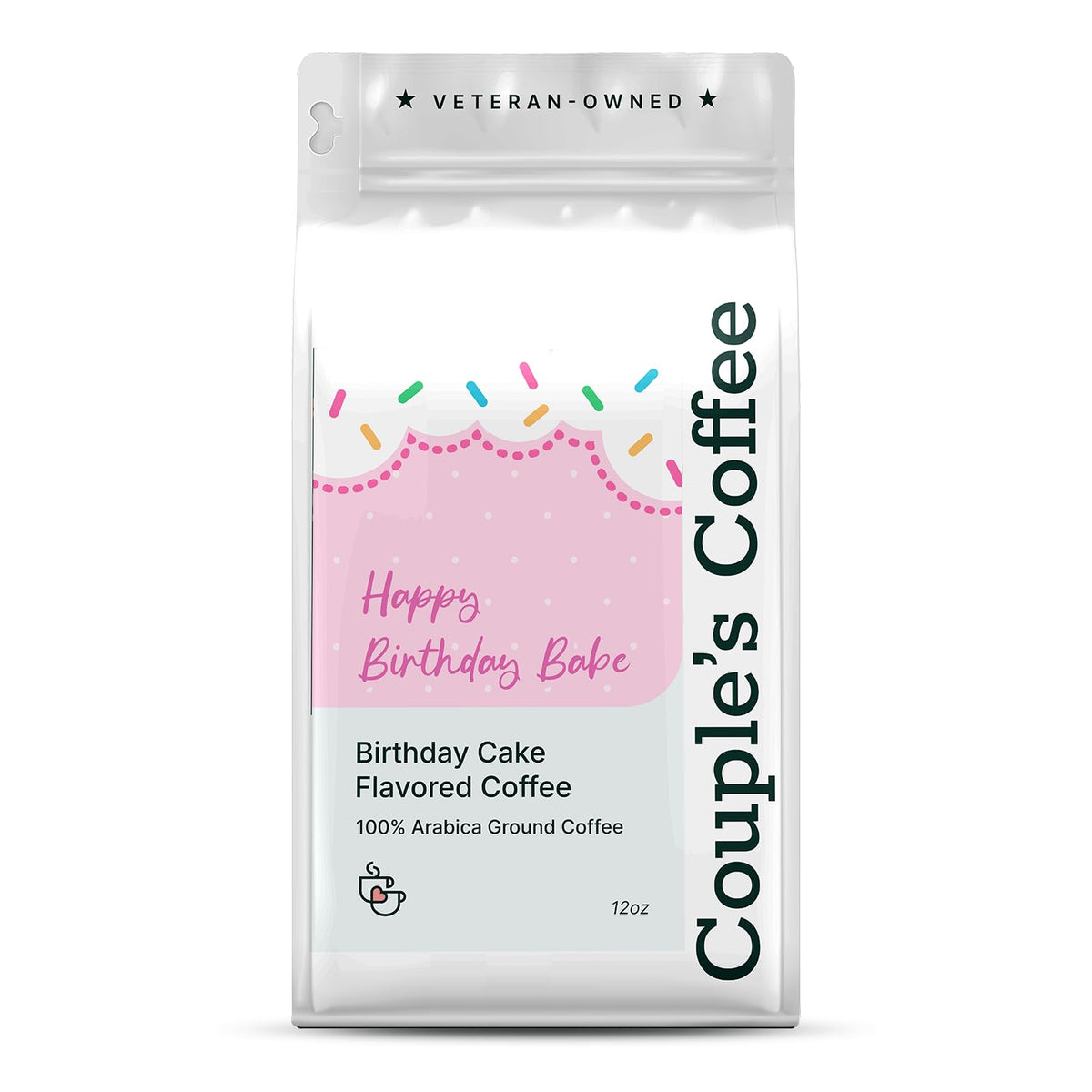 Couple's Coffee Ground Coffee birthday cake label on 12oz bag.