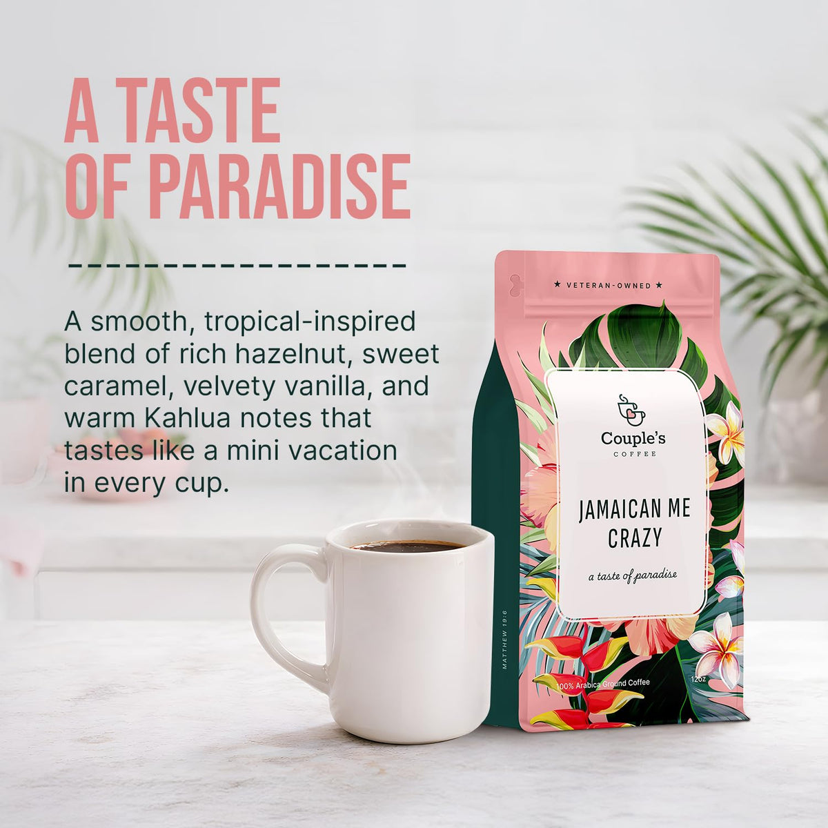 Couple's Coffee brew cup with steam reveals inviting aroma.
