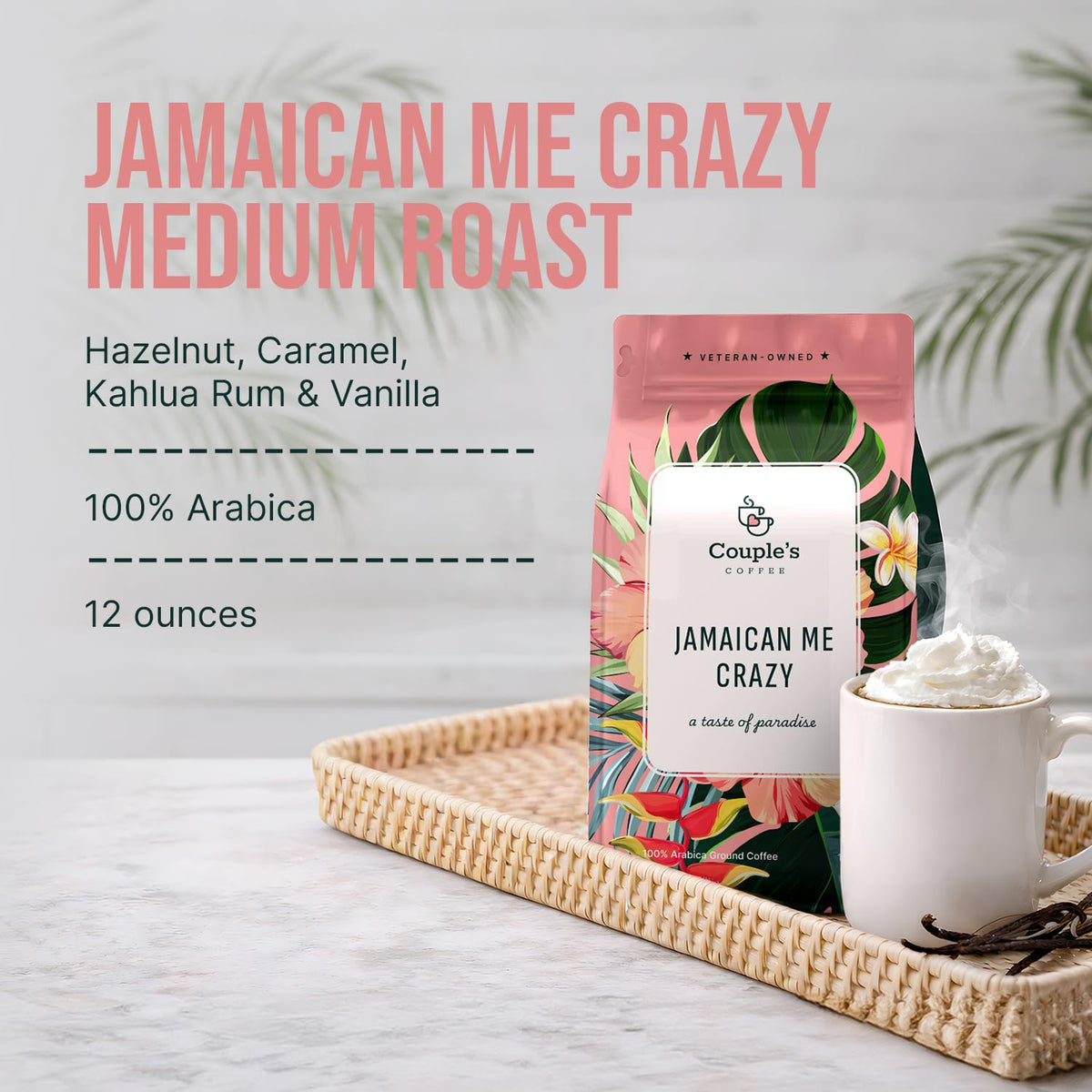 Couple's Coffee label closeup emphasizes 100% Arabica beans.