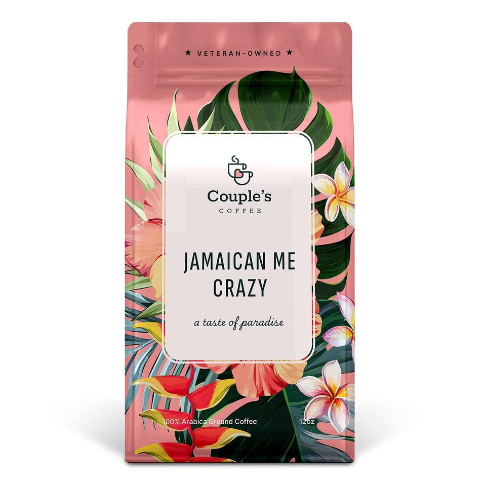 Couple's Coffee ground bag front highlights vanilla caramel rum flavor.
