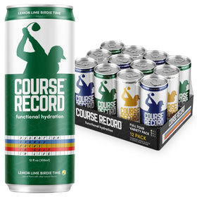 Course Record balance bottle pour shows a refreshing hydration moment for golfers on the course.