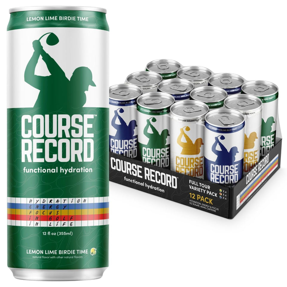 Course Record balance bottle pour shows a refreshing hydration moment for golfers on the course.
