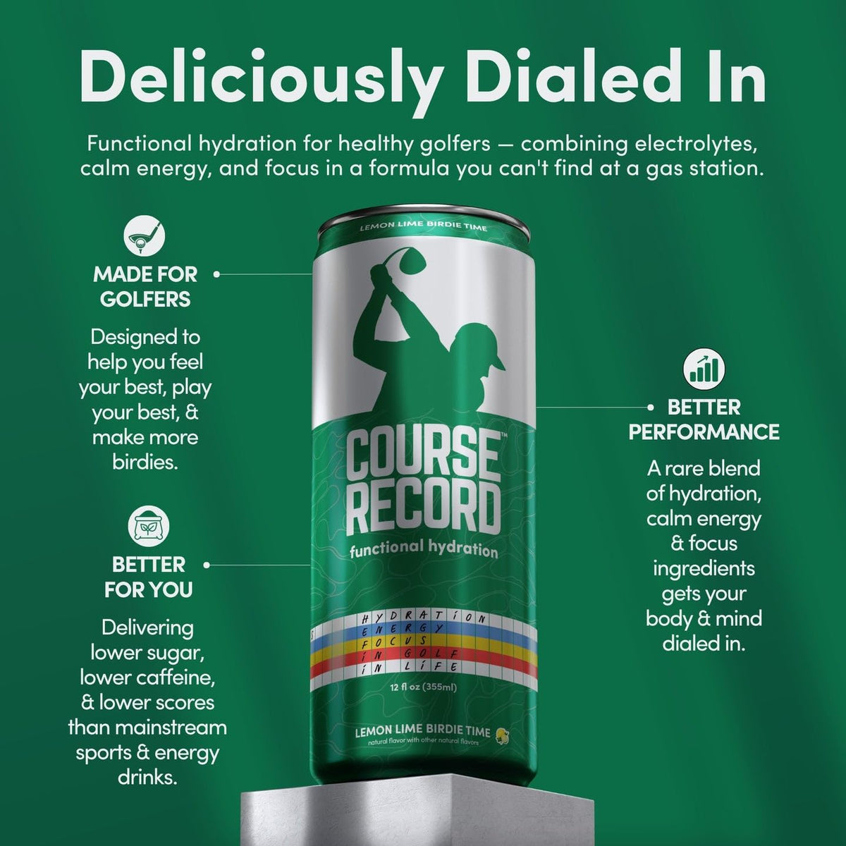 Course Record calm energy can conveys smooth, crash-free alertness ideal for long rounds.
