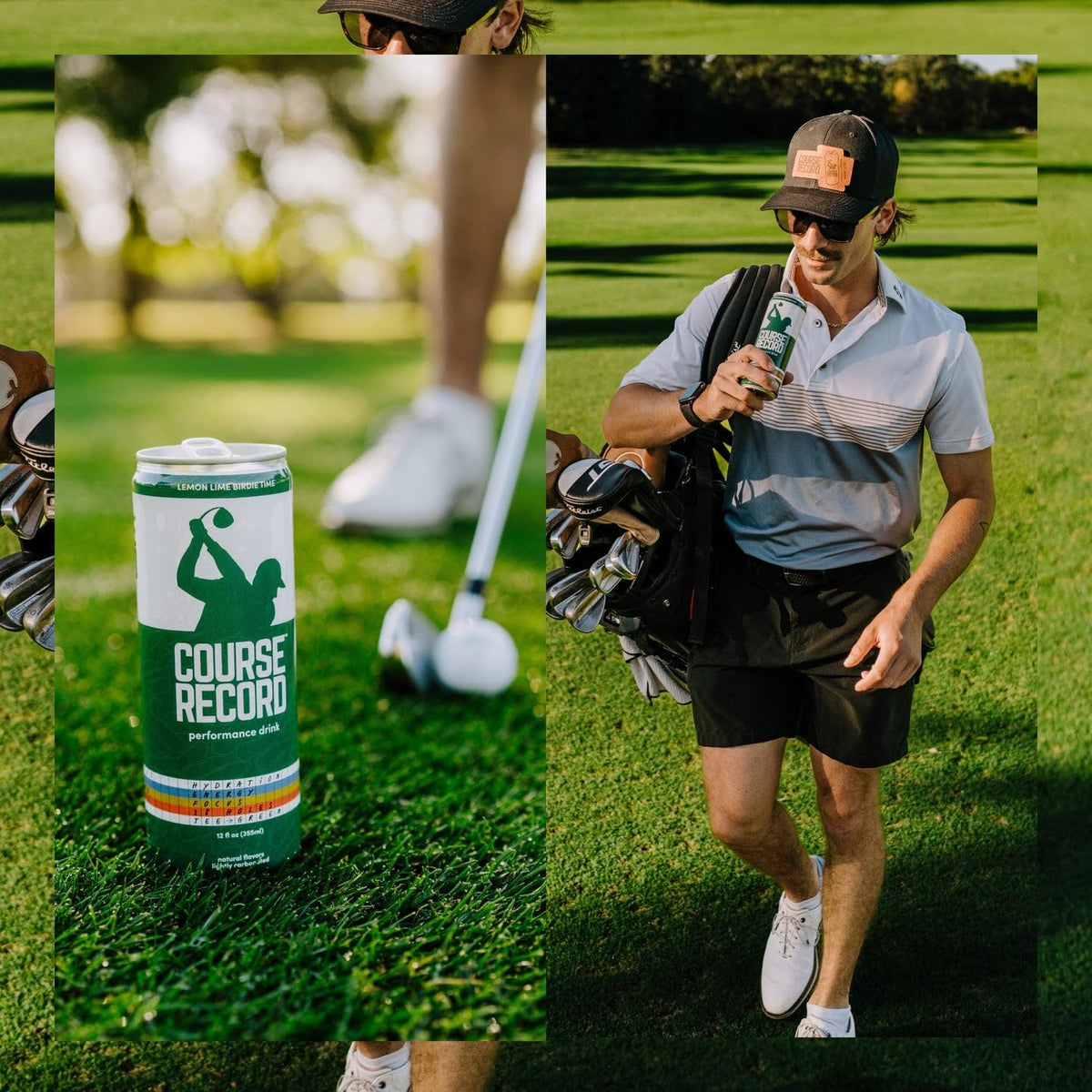 Course Record golf tee on green captures on-course hydration support between shots.