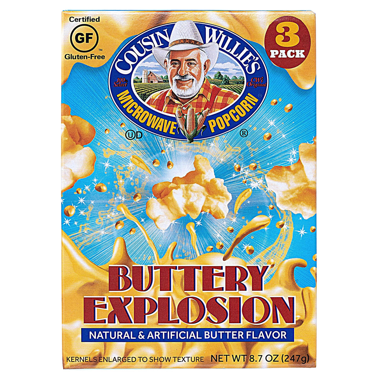 Cousin Willie's Buttery Explosion popcorn bags in packaging, perfect for party sharing.