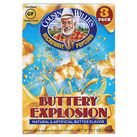 Cousin Willie's Buttery Explosion popcorn bags in packaging, perfect for party sharing.