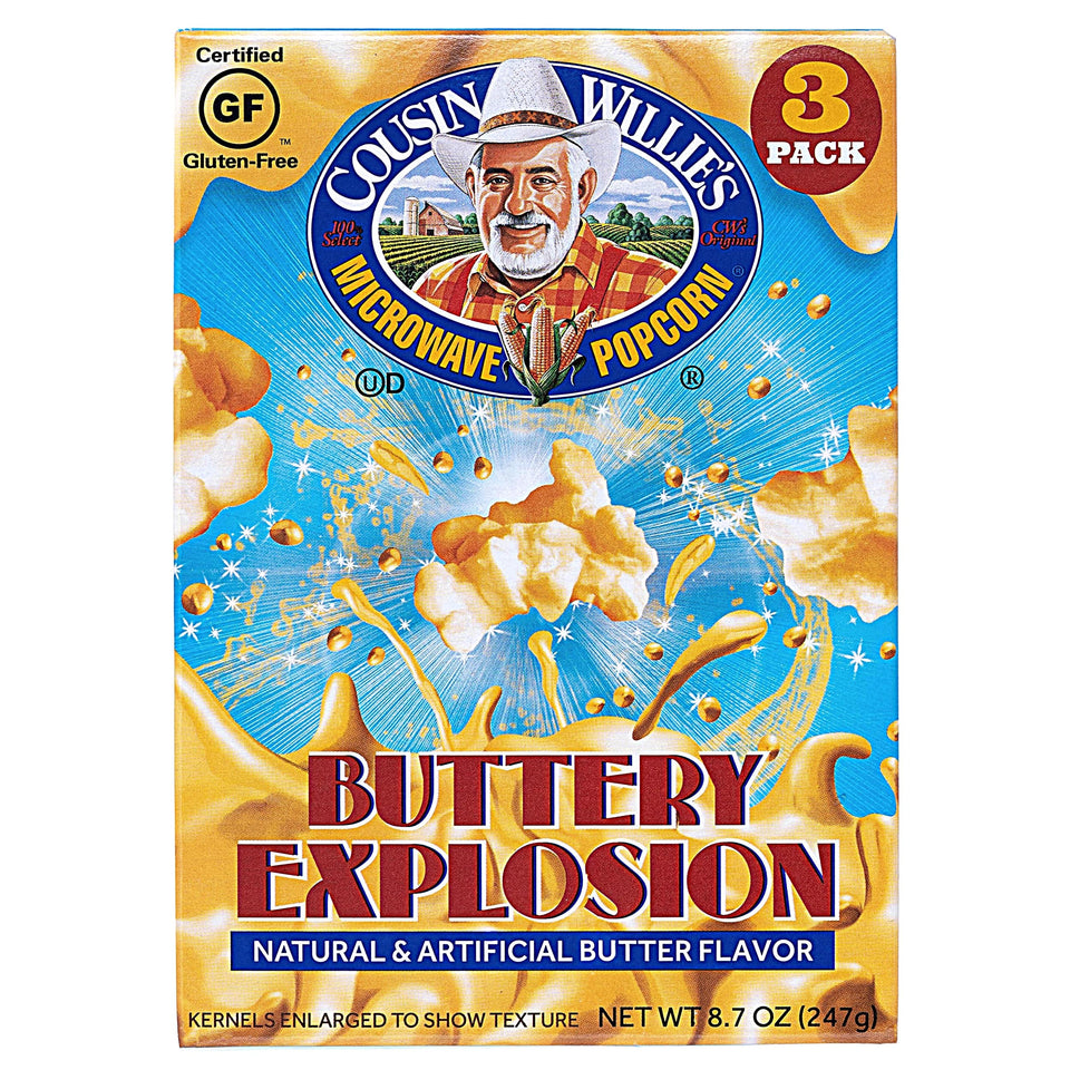 Cousin Willie's Buttery Explosion popcorn bags in packaging, perfect for party sharing.