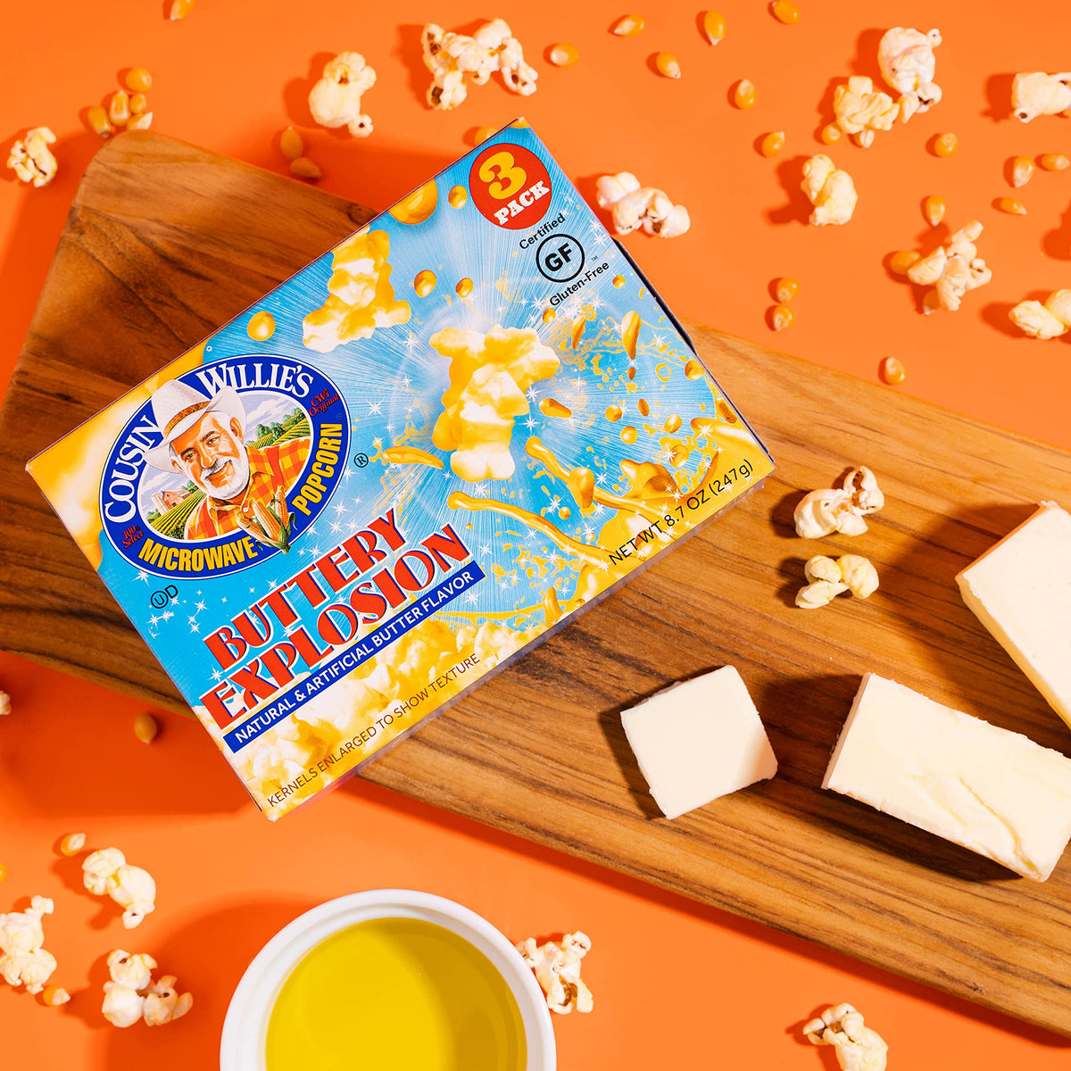 Cousin Willie's Buttery Explosion bags ready to pop, quick snack prep at home.