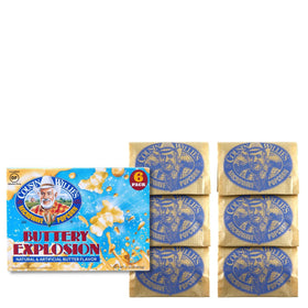 Cousin Willie's Buttery Explosion box showcases six bags for easy party snacking.