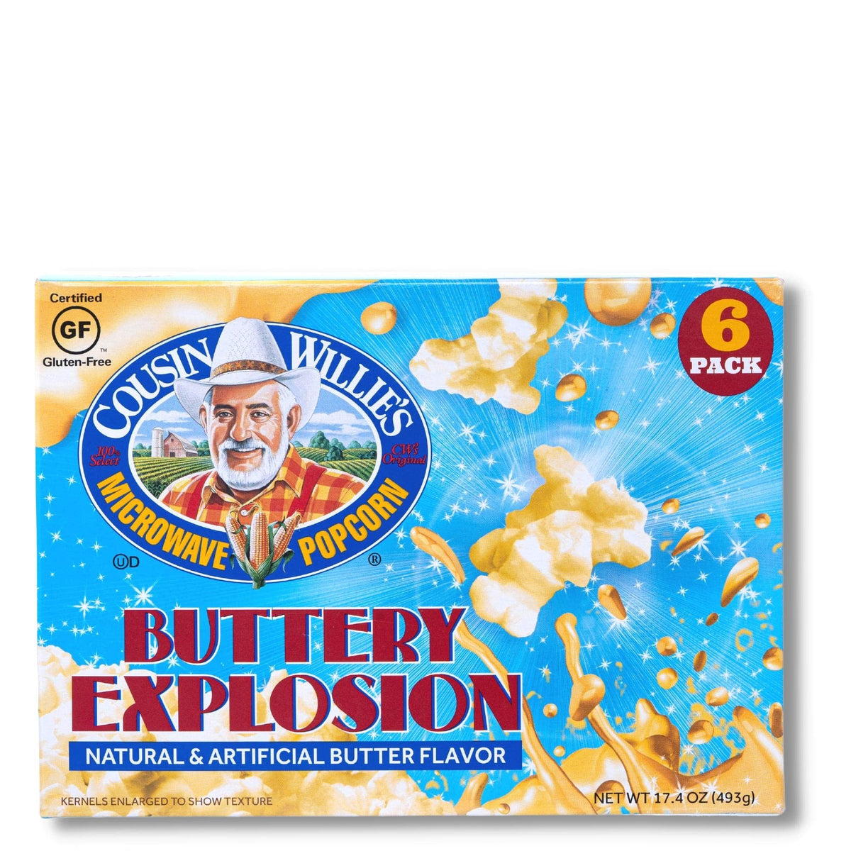 Cousin Willie's Buttery Explosion microwave popcorn bags deliver crispy, flavorful popcorn for a quick snack.