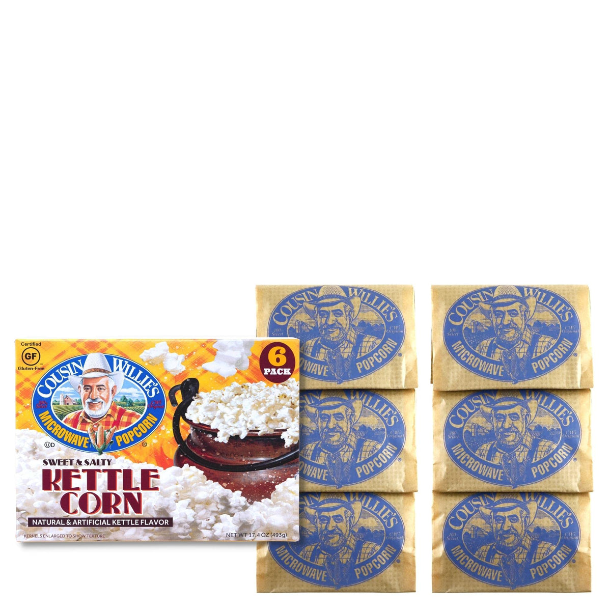 Cousin Willie's Kettle Corn microwave bags pour, perfect for movie-night snacking.