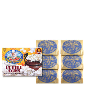 Cousin Willie's Kettle Corn microwave bags pour, perfect for movie-night snacking.