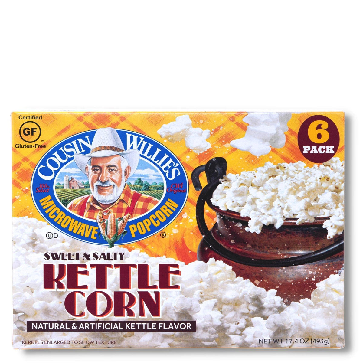 Cousin Willie's Kettle Corn microwave bags box, ideal for quick gluten-free snacks.
